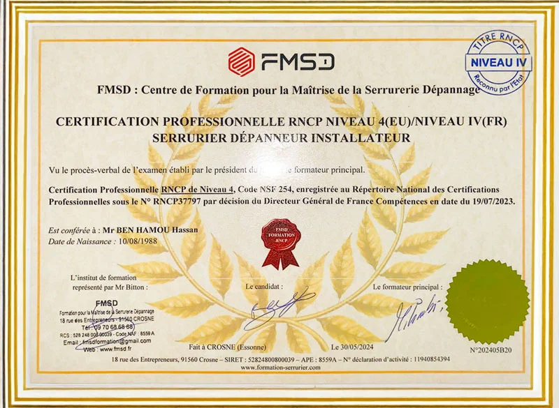 Certification de serrurier